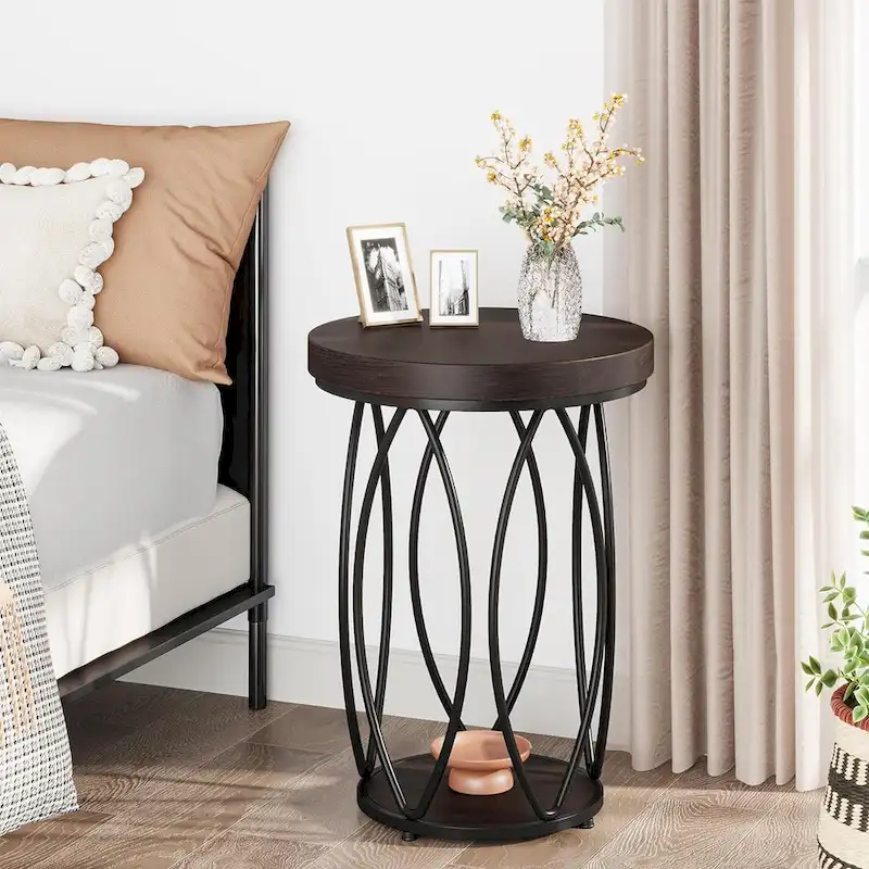 Industrial Round Side Table, Small End Table with Metal Frame