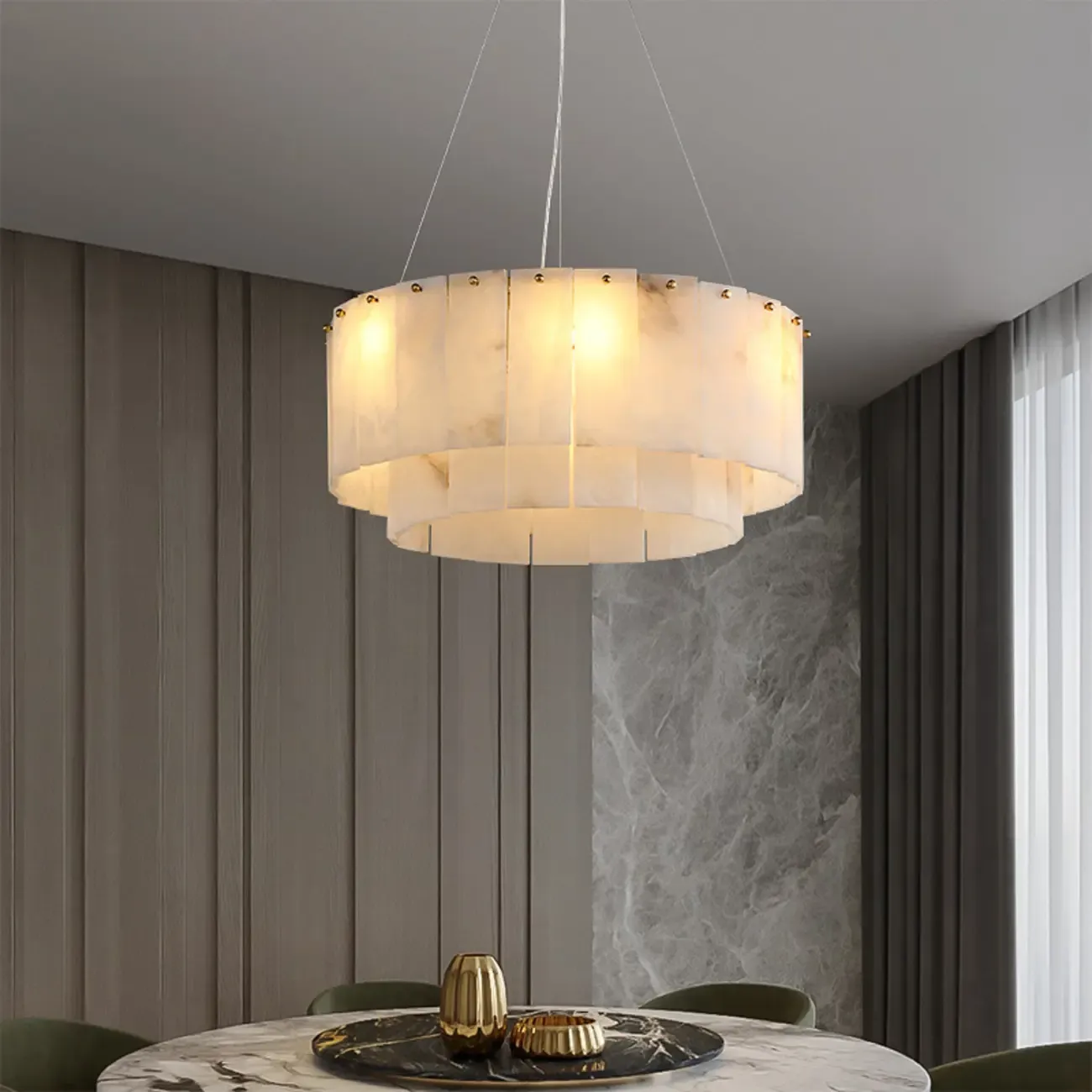 White Circular Alabaster Modern Ring Chandelier Light