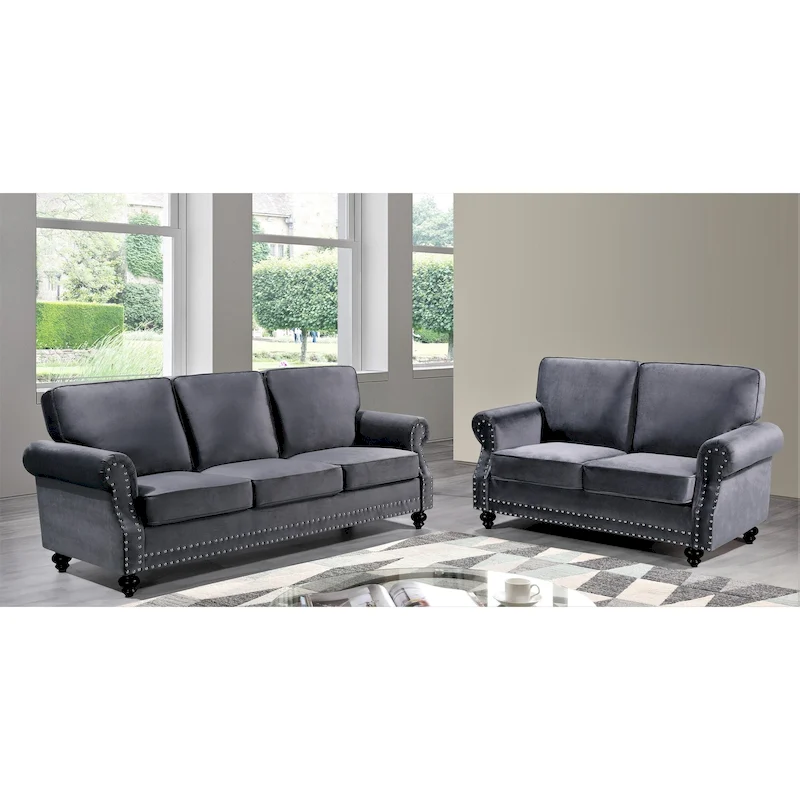 Suffield Velvet Nailhead 2-Piece Set-Loveseat & Sofa