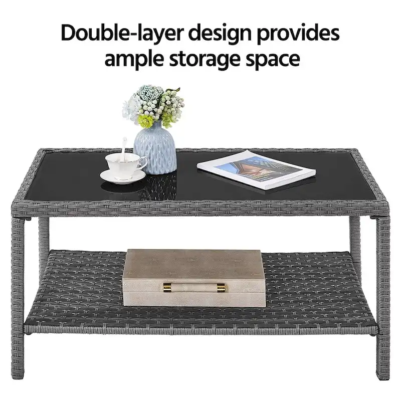 Yaheetech Wicker 2-Layer Patio Rattan Table with Tempered Glass Top