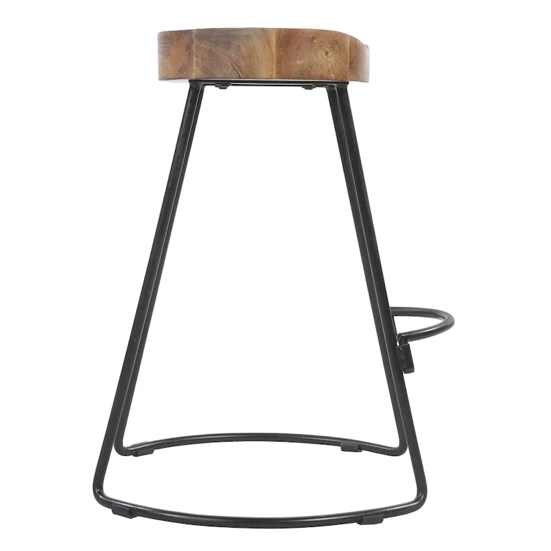 24 Inch Handcrafted Backless Barstool, Natural Brown Mango Wood Thick Saddle Seat, Black Iron Base