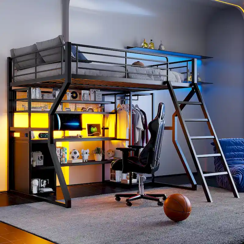 Full Size Metal Gaming Loft Bed with Built-in Work Station, Open Wardrobe, LED, and Storage, Black