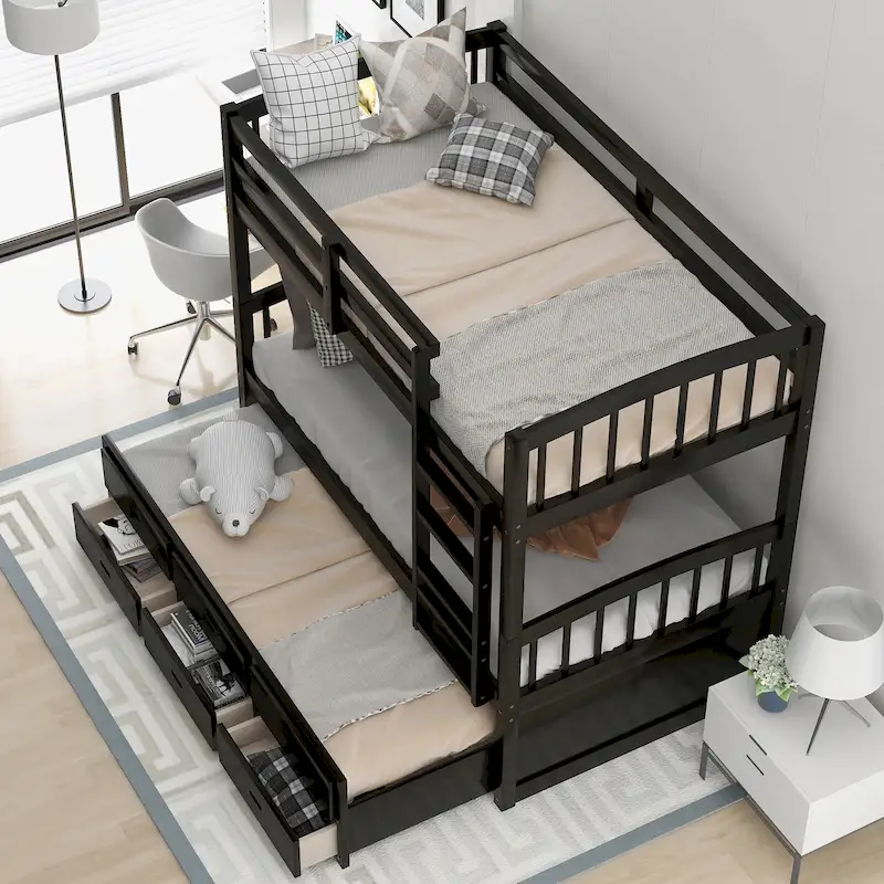 Wood Bunk Bed with Trundle and Drawers