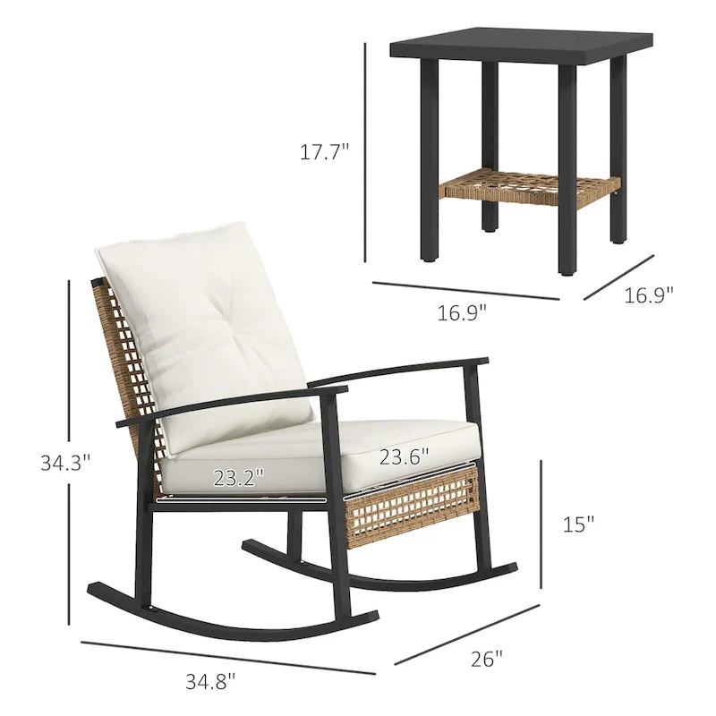 Outsunny 3 Piece Patio Bistro Set, Wicker Furniture Set with Button Tufted Cushions, Rattan Rocking Chairs and Coffee Table