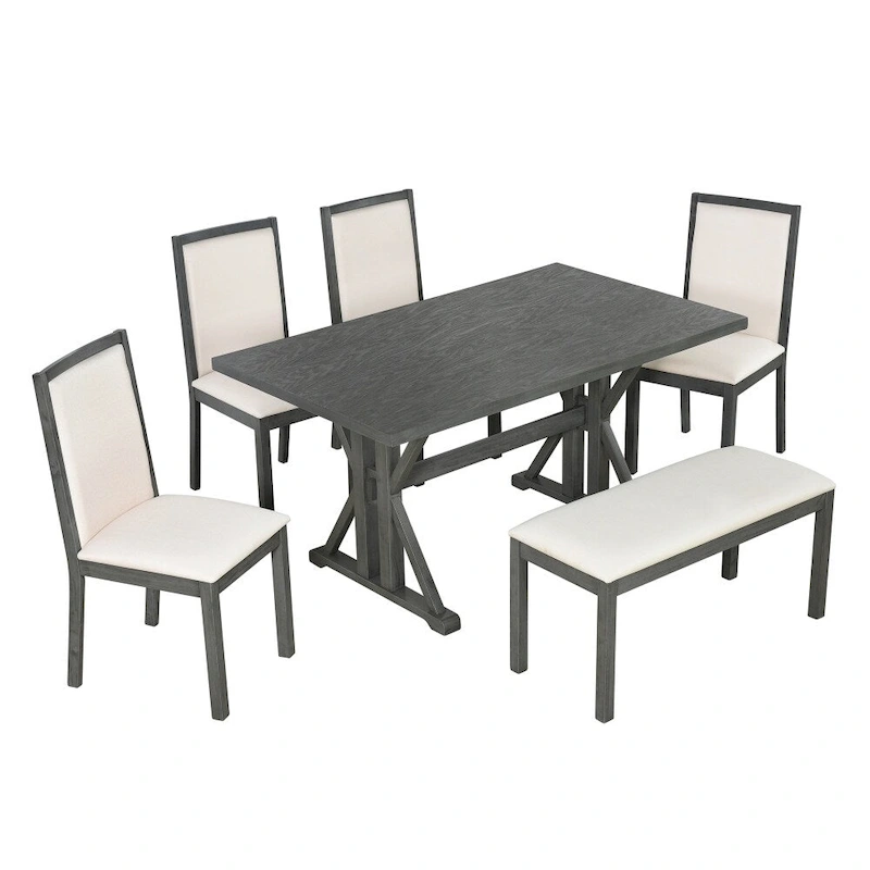 6-Piece Farmhouse Dining Table Set with 4 Upholstered Chairs and Bench