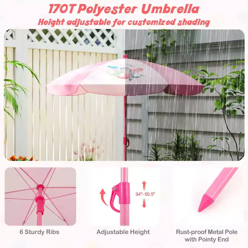 Costway Kids Picnic Table & Chair Set with 2 Folding Chairs & Height Adjustable Umbrella Brown/Green/Pink