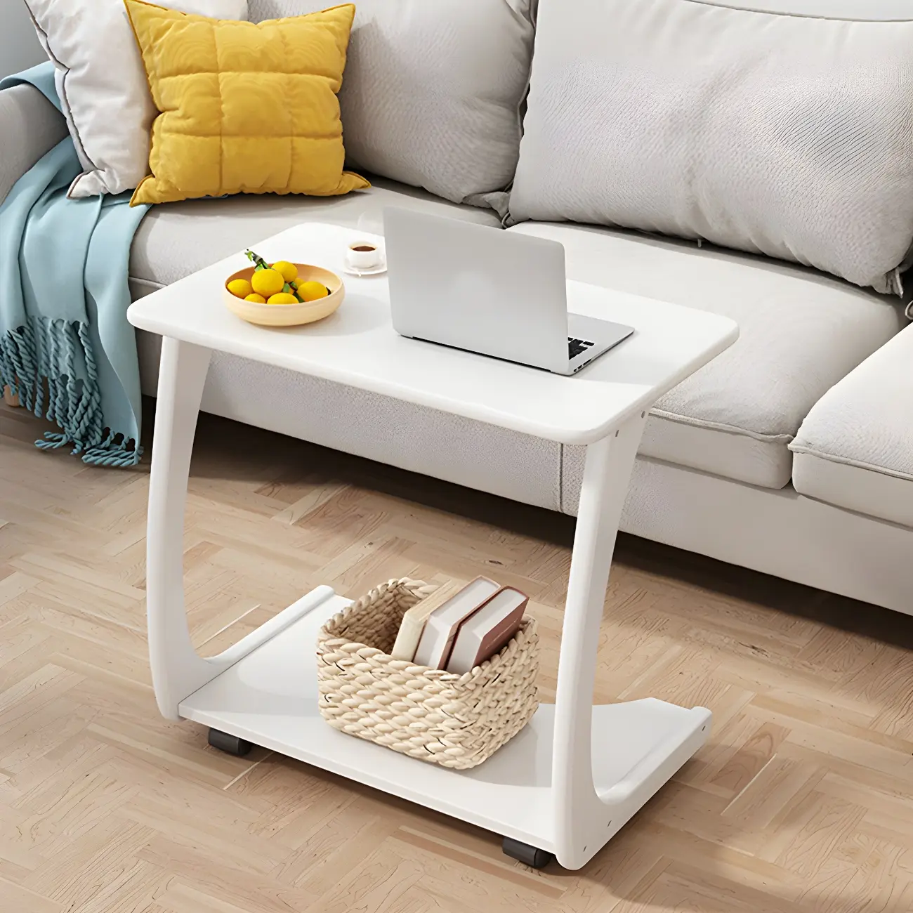 Walnut C-Shaped Side Table With Casters