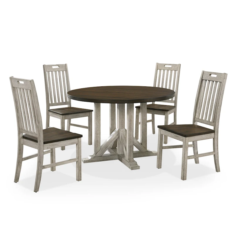 Derry Farmhouse Antique White and Dark Oak Solid Wood 5-Piece Dining Table Set by Furniture of America