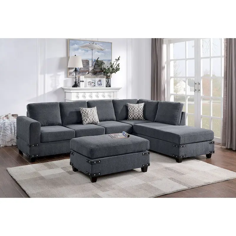 Poundex 3 Piece Fabric Sectional Sofa Set with Ottoman
