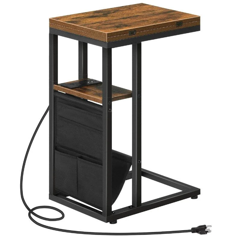 C-Shaped Side Table with Charging Station, Rustic Brown + Black, for 1 Person