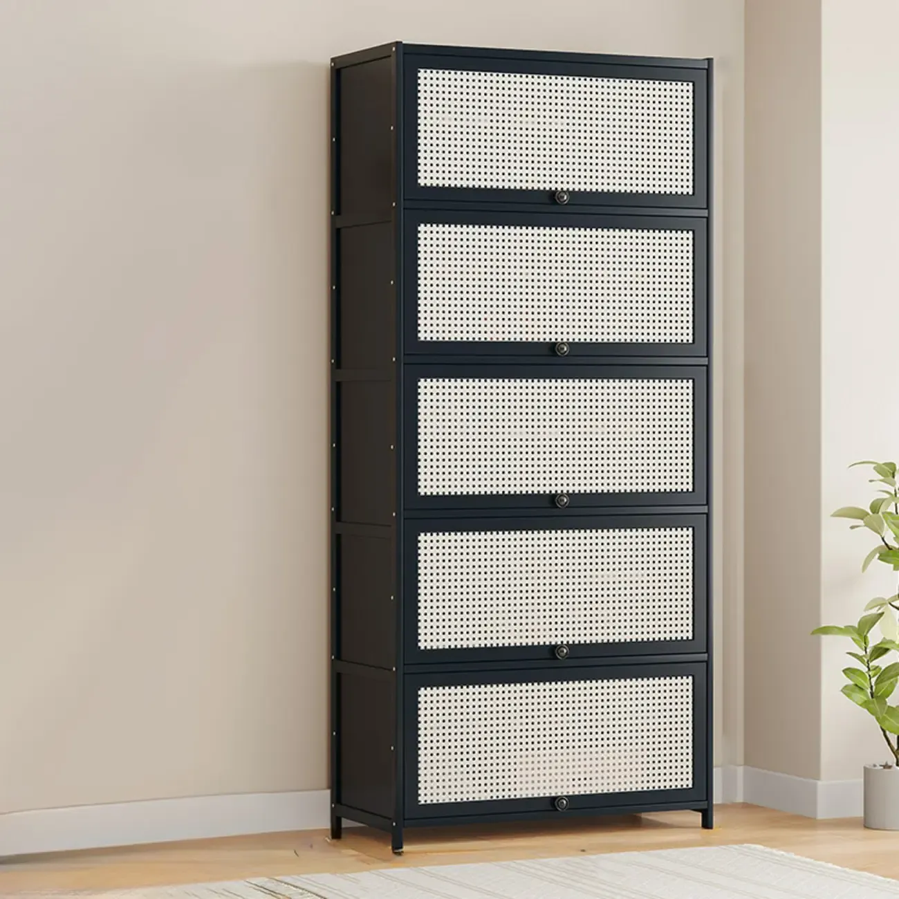 Modern Black Bamboo Shoe Cabinet with Rattan Panels