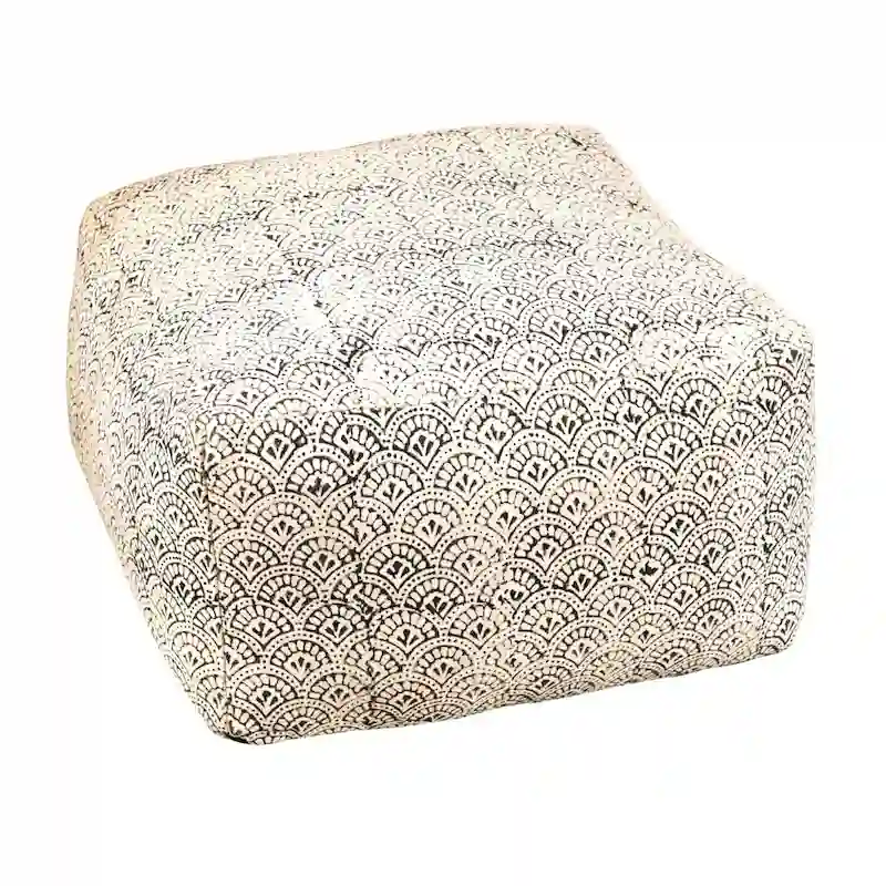 Square Floor Pouf - Cream & Black, Hand-Printed Cotton, 24W x 13H, Bohemian Style, 120 lbs