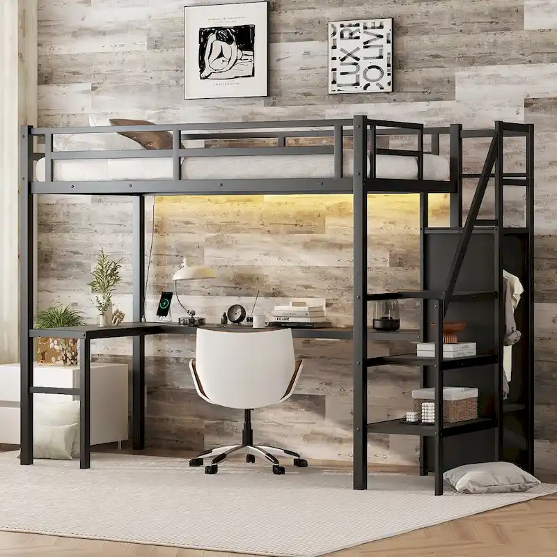 Twin XL Size Metal Loft Bed with L-shaped Desk, USB, and LED for Kids and Teens