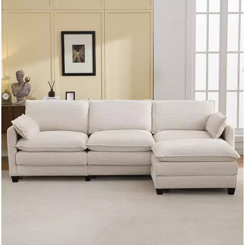 Hyleory Corduroy L-Shaped Sectional Sofa, 3-Seater Couch with Movable Ottoman, Modular Living Room Furniture for Apartments