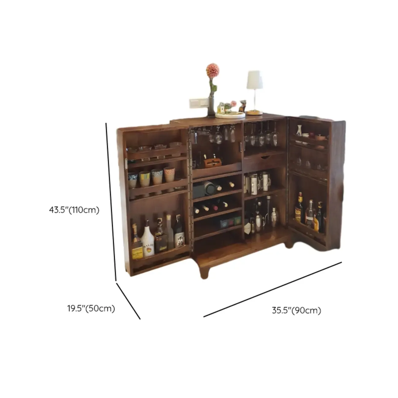 Solid Wood Farmhouse Brown Bar Cabinet Wine Rack