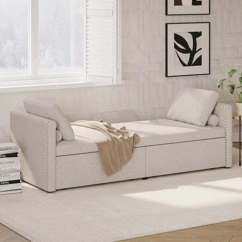 Modern Upholstered Chaise Lounger Daybed Small Single Daybed with 2 Drawers, No Mattress Needed