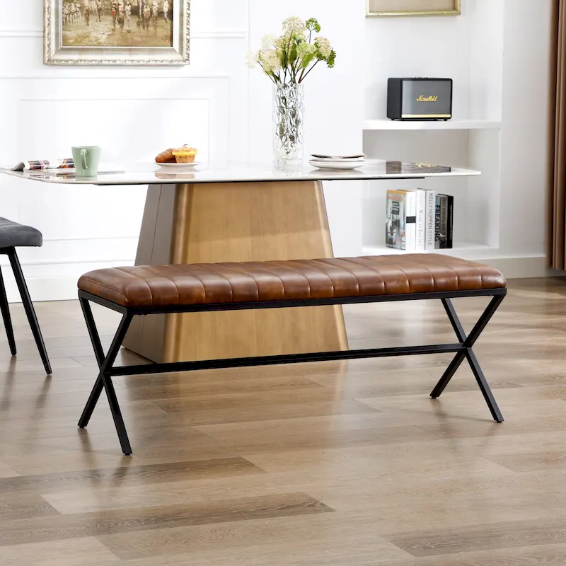 Tufted Faux Leather 46.5 Length Upholstered Dining Bench with Metal X Legs
