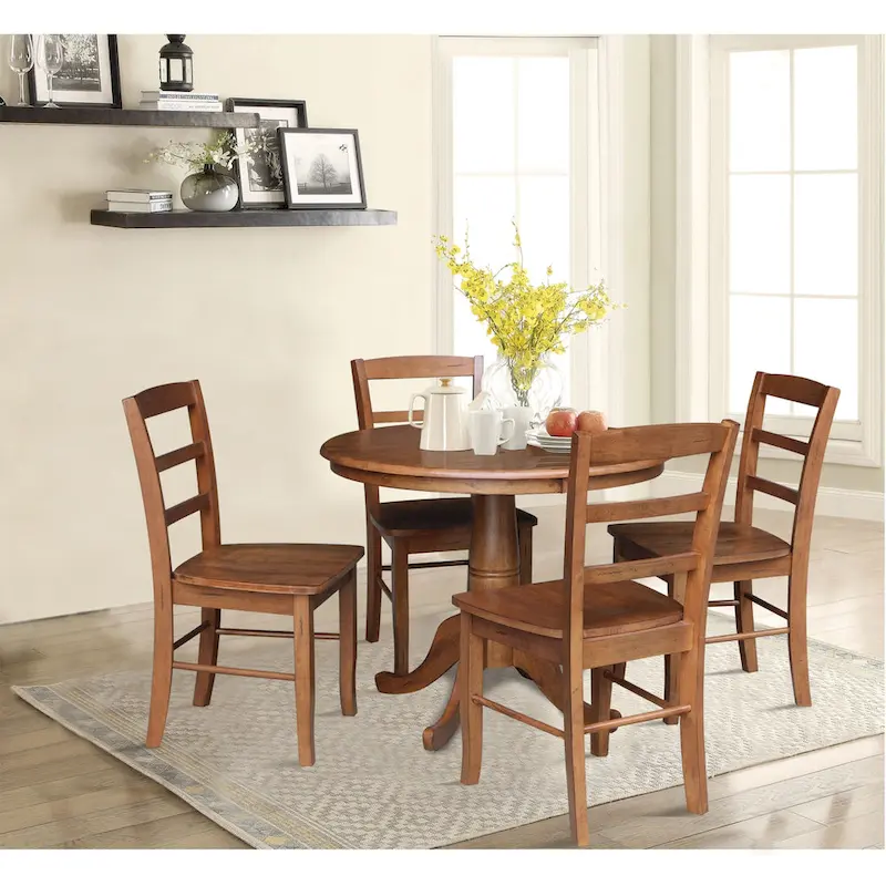 International Concepts Solid Wood 36 Round Pedestal Dining Table with 4 Madrid Ladderback Chairs