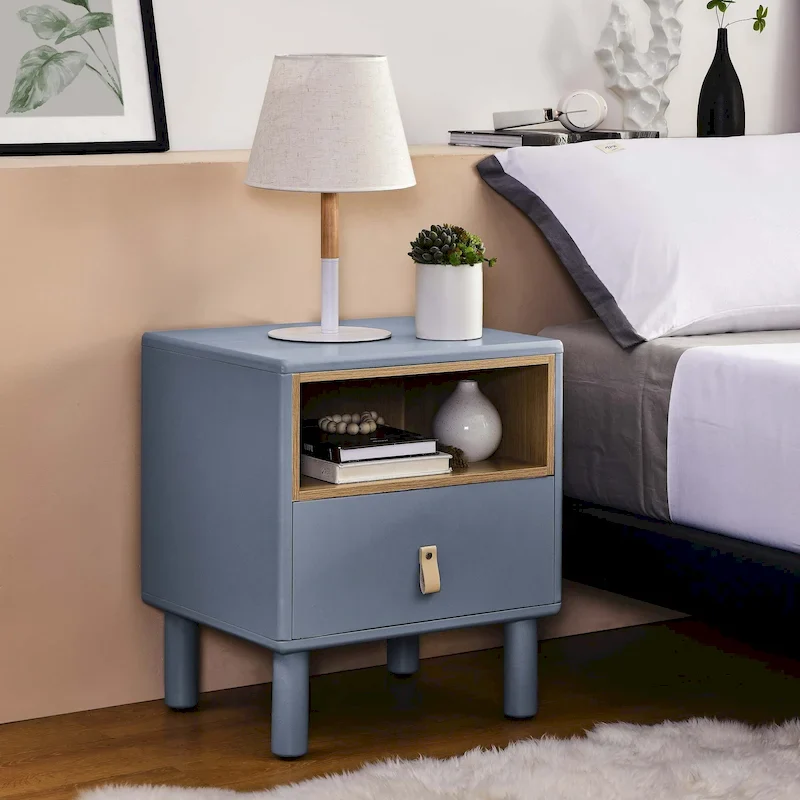 Nightstand - MDF & Solid Wood, 1 Drawer, Open Shelf, Leather Handles, 18.9W x 21.65H, Modern