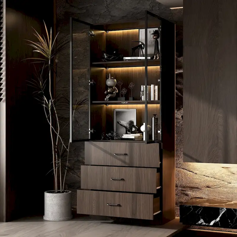 Modular Wood Grain Aluminum Alloy Cabinet with LED Lighting
