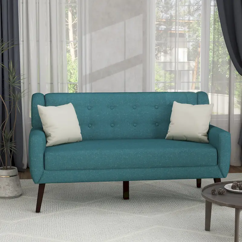 Modern Curved 63  Button Tufted Upholstered Loveseat with 2 Pillows