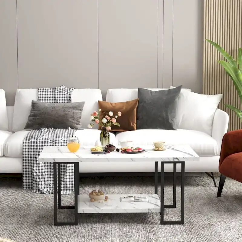 Mieres 39  Wide 2-Tier Faux Marble Top Coffee Table with Steel Frame