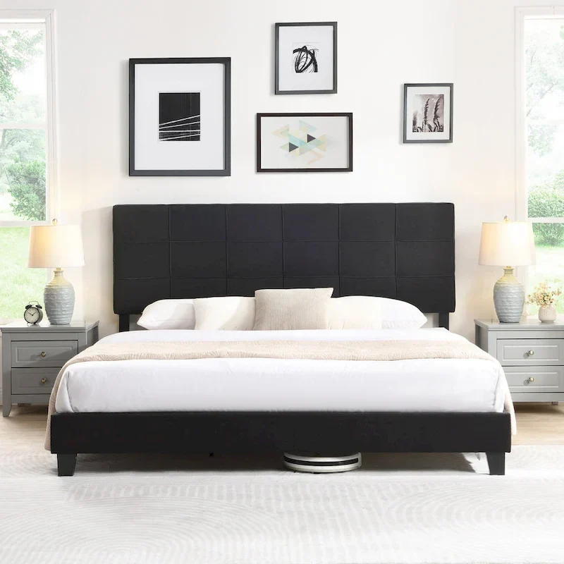 Black King Size Linen Upholstered Platform Bed