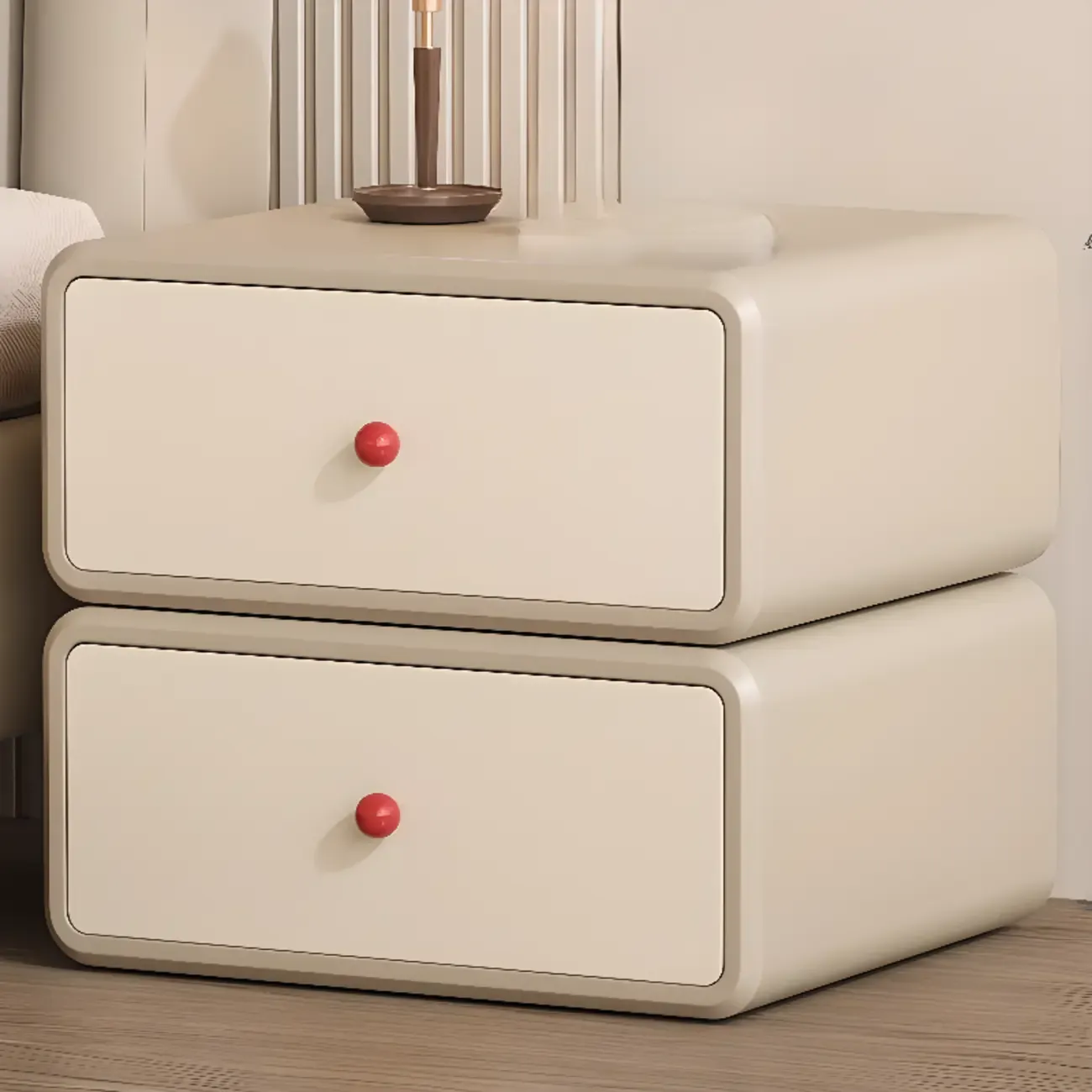 Art Deco Wood Faux Leather Red-Ball Pulls 2-Drawer Nightstand