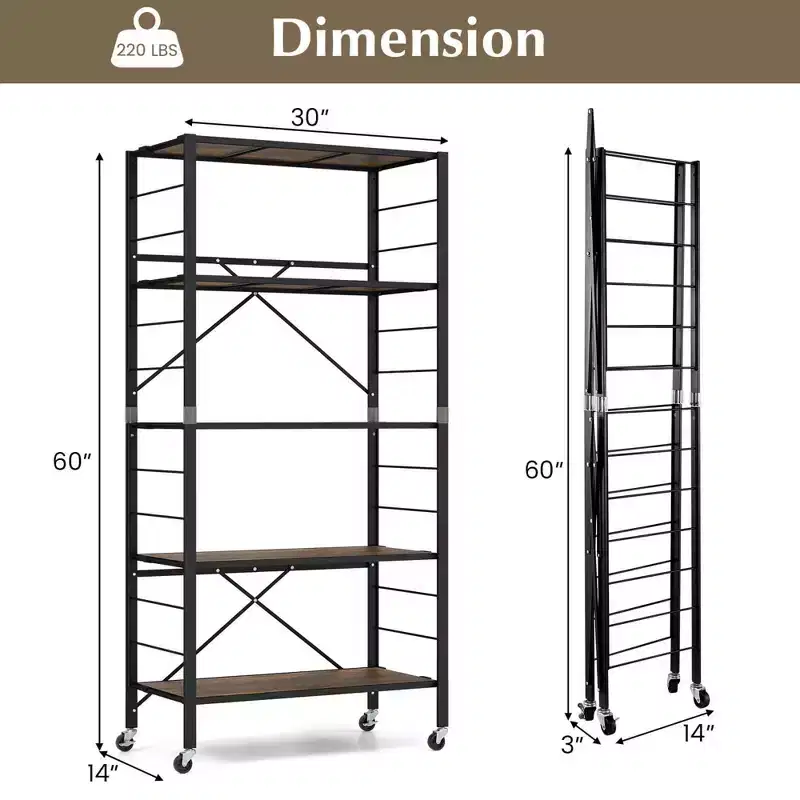 Costway 5-Tier Folding Shelf Free DIY Design Shelving Unit with 4 Universal Wheels Kitchen Black/Natural
