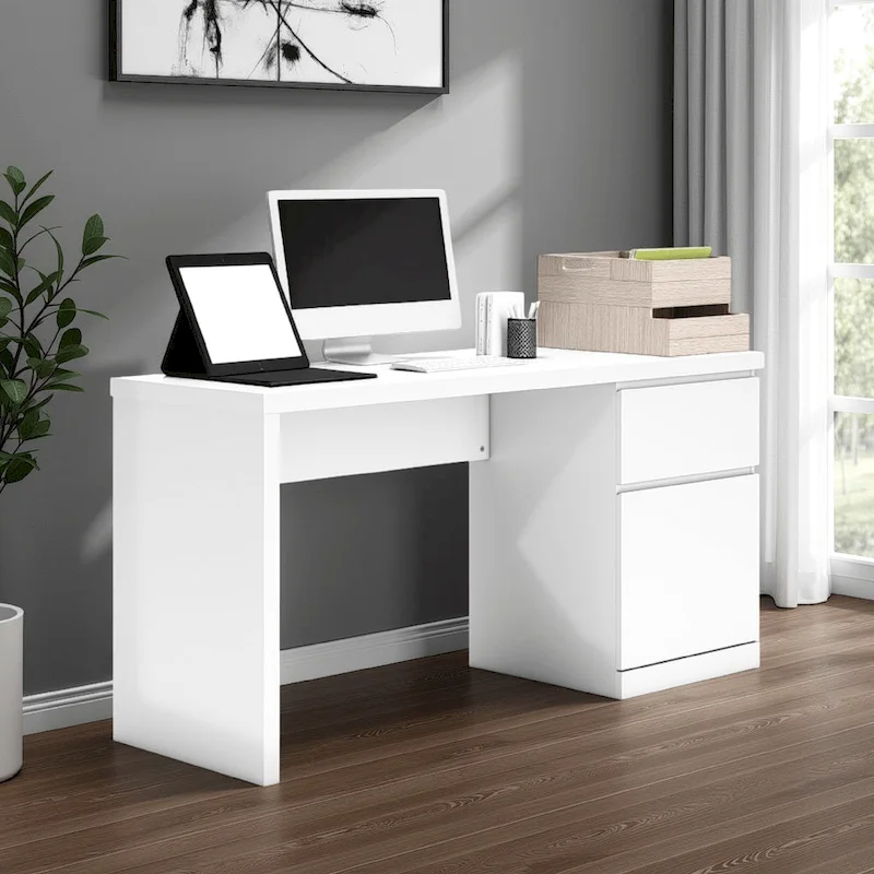 Onira Home Office Desk, 60 Inch Rectangular Top w Drawer, White Wood