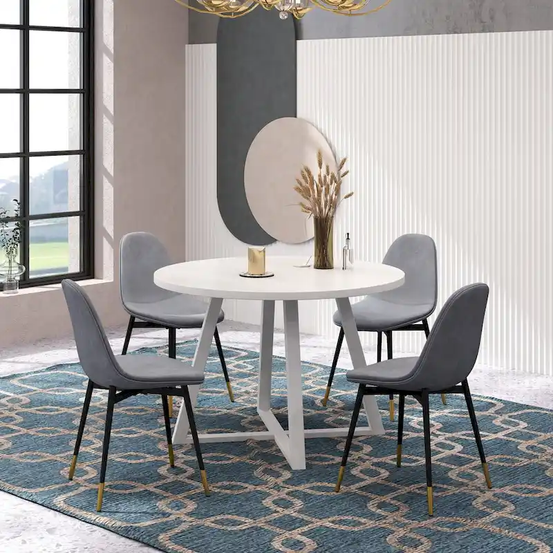 Roundhill Furniture Evatt 5-Piece Round Dining Set, Trestle Round Table with 4 Stylish Chairs