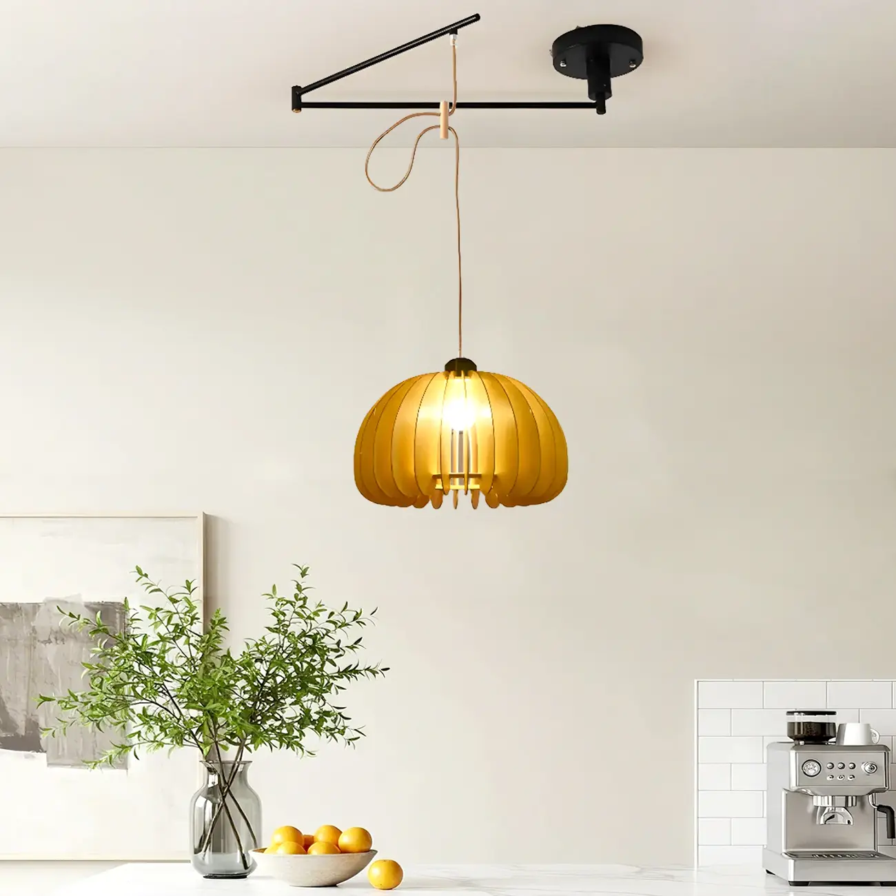 Modern Flexible Round Pendant Light in Solid Wood and Metal