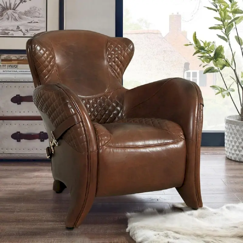 Pasargad Home Aspen Top Grain Leather Wing Chair, Brown - W31xD34.5xH33.5