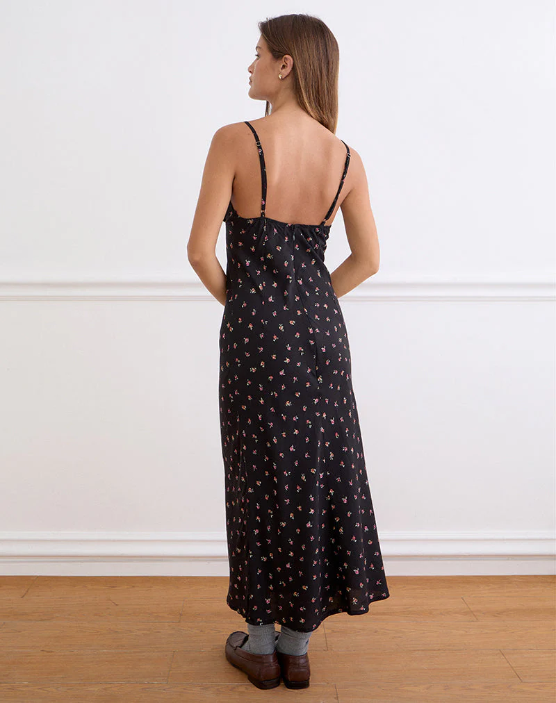 Posine Maxi Dress in Black with Red Rose Ditsy Print
