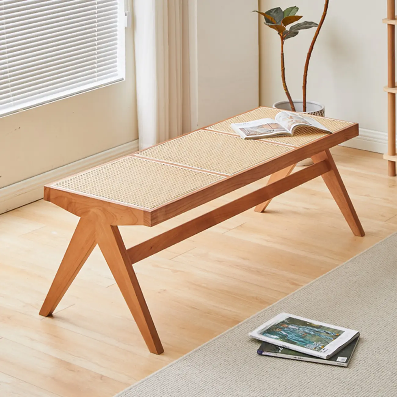 Elegant Rattan Top Finish Wooden Rectangular Cherry Benches