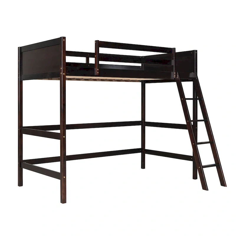 Espresso Twin Solid Wood Loft Bed with Ladder & Fence