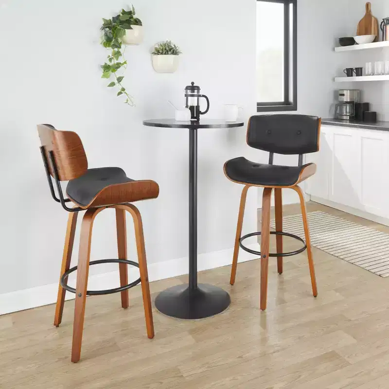 Set of 2 Lombardi Barstools Walnut/Black - LumiSource: Mid-Century Fixed-Height, Tufted, 30.5" Seat