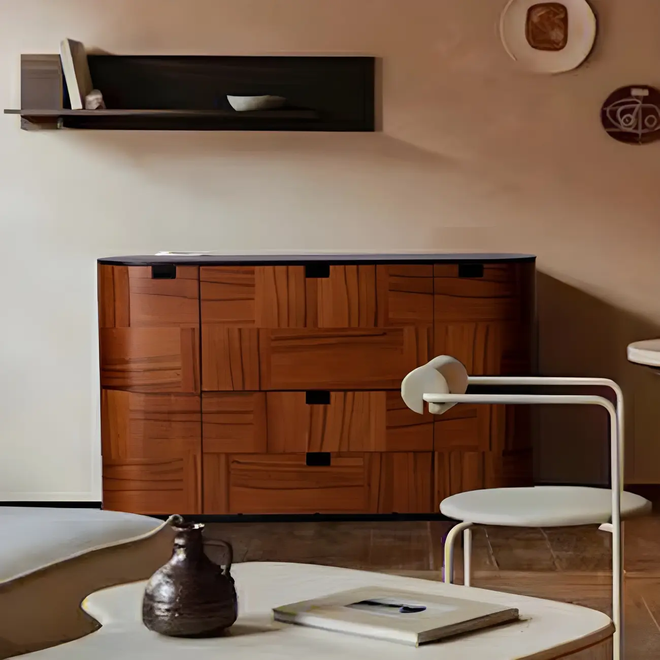 Brown Wooden Sideboard Cabinets with Stone Countertop