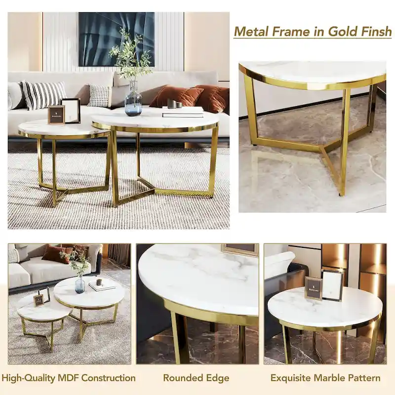 Modern Round Nesting Coffee Table Set 2-Piece White & Marbling Top Gold Base