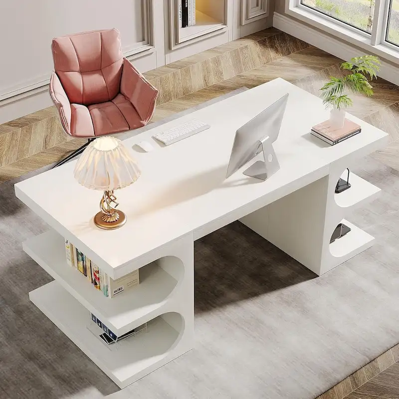 62 Inches Computer Executive Desk, Large Office Desk with Shelves Writing Desk