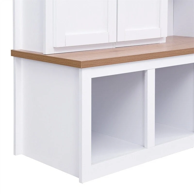 Farmhouse 4-in-1 Hall Tree with Open Display Shelves, Mudroom Shoe Bench with Open Compartments, Entryway Coat Rack with 6 Hooks