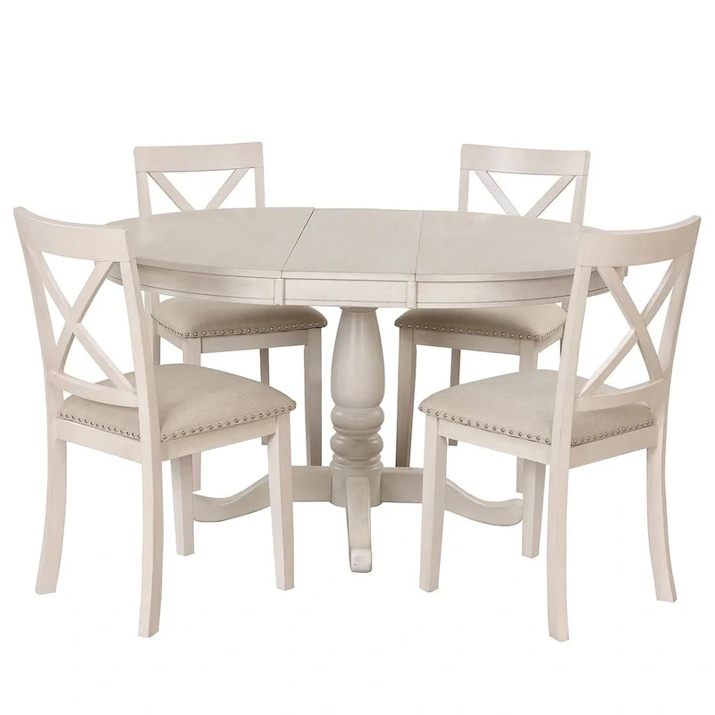Wooden Round Drop Leaf Extendable Dining Table Set with 4 Upholstered Chairs