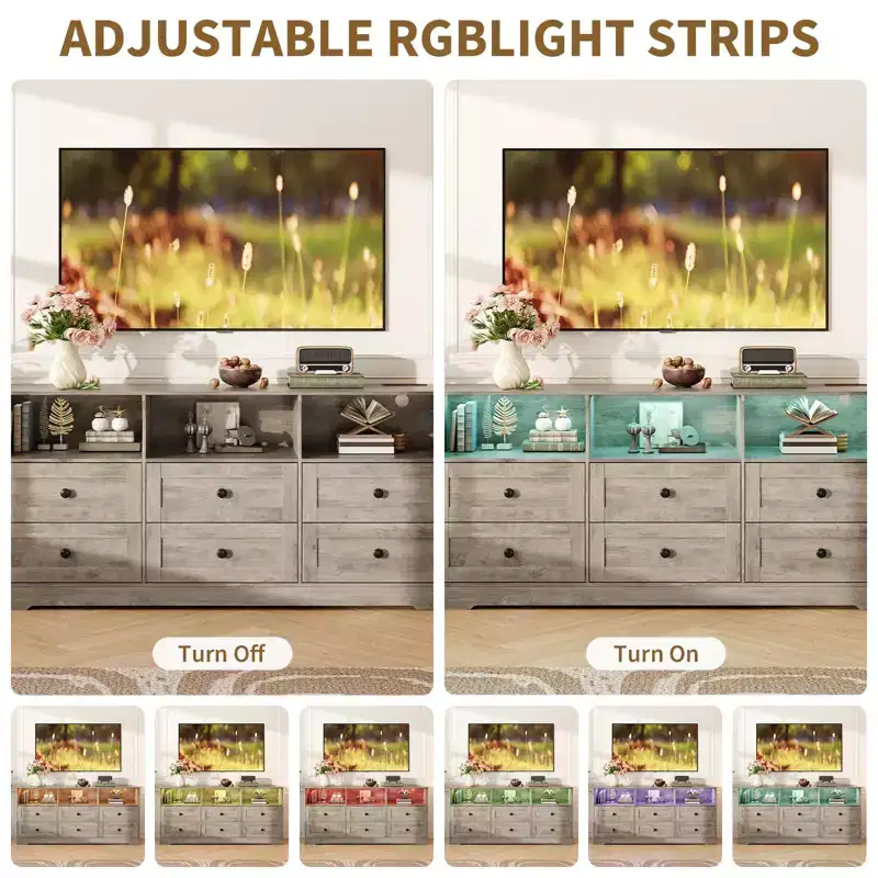 6-Drawer Dresser with RGB Lights & Power Outlet, Black / Gray / White