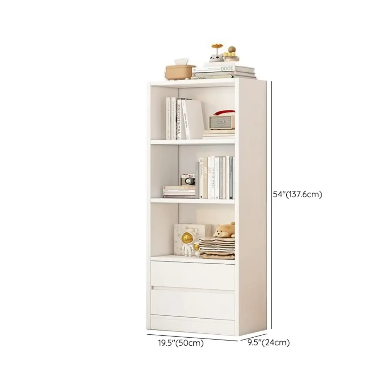 Simple Wooden White 3-Tier Bookcase with Drawers