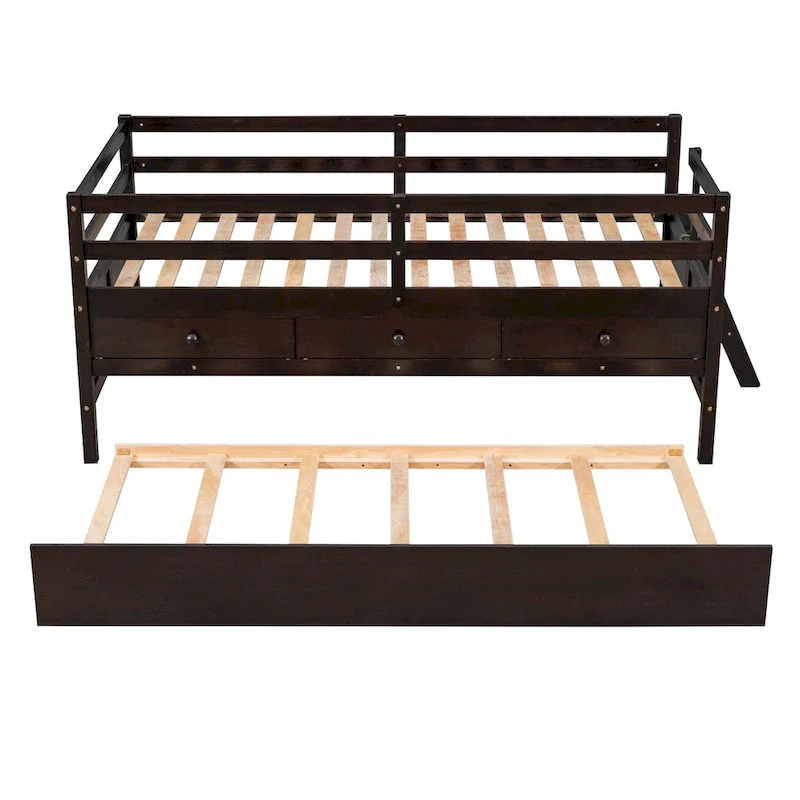 Low Loft Bed Twin Size with Full Safety Fence, Climbing ladder, Storage Drawers and Trundle Solid Wood Bed