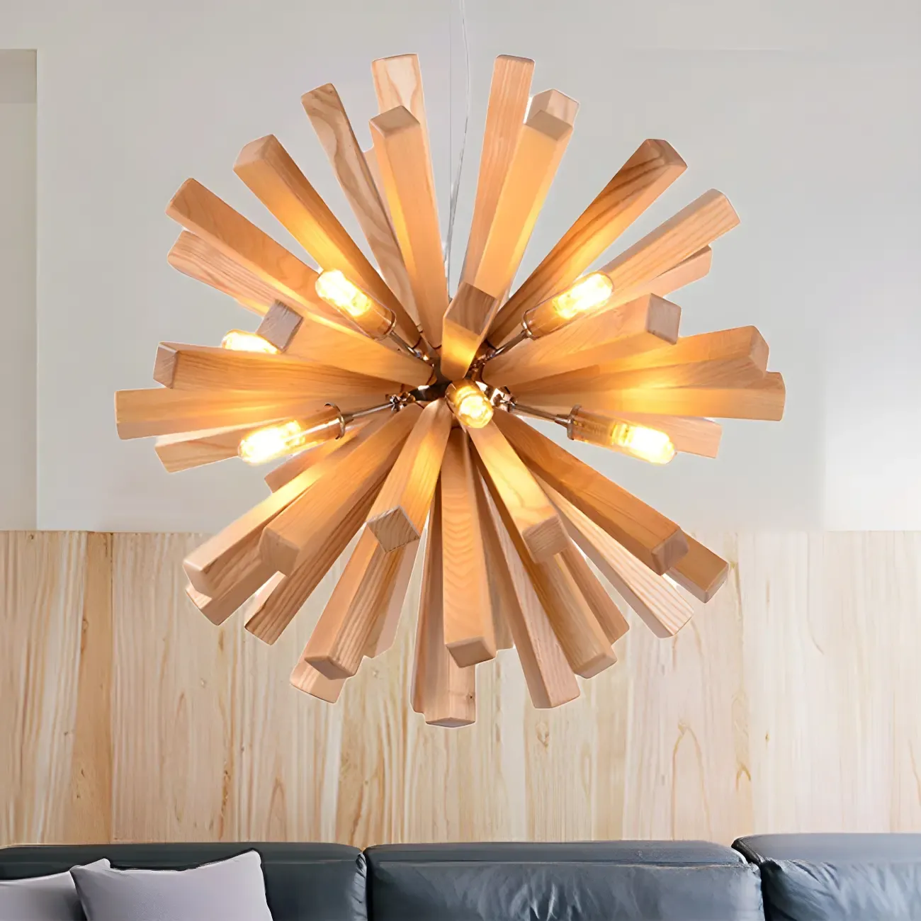 Mid-Century Modern Wood Starburst Chandelier Warm Light