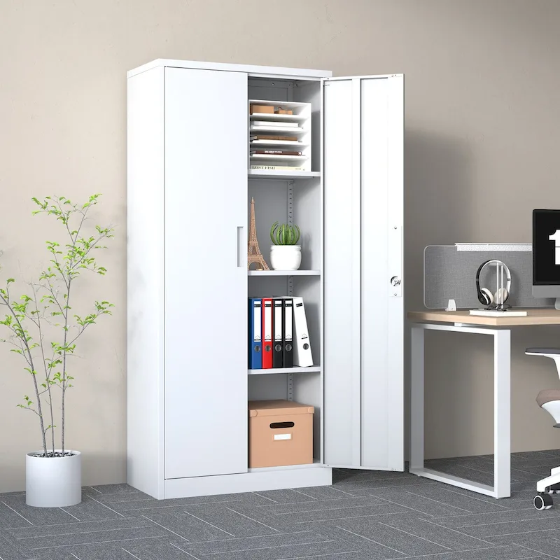 White Tall Metal Locking Storage Cabinet with 2 Doors & 3 Adjustable Shelves
