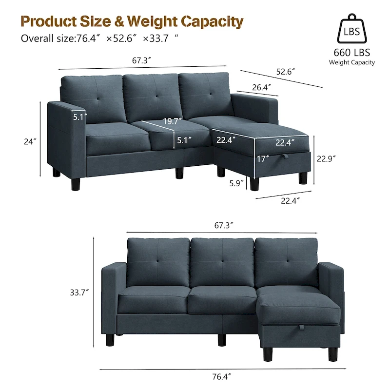 Futzca Modern L-shaped Convertible Sectional Sofa w/ Reversible Chaise