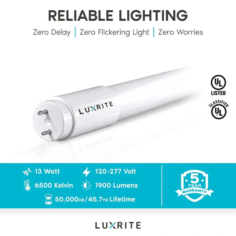 Luxrite 4FT T8 LED Tube Light, Ballast and Ballast Bypass, 13W=32W, 1800 Lumens, Damp Rated 12 Pack