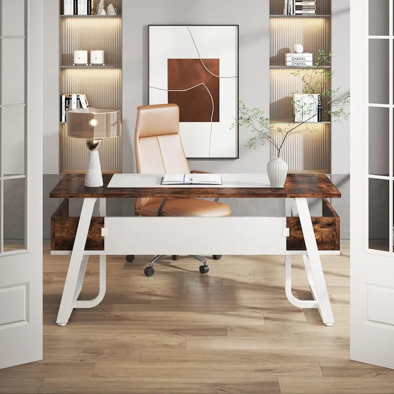 63 Inches Large Executive Desk with Bottom Shelves